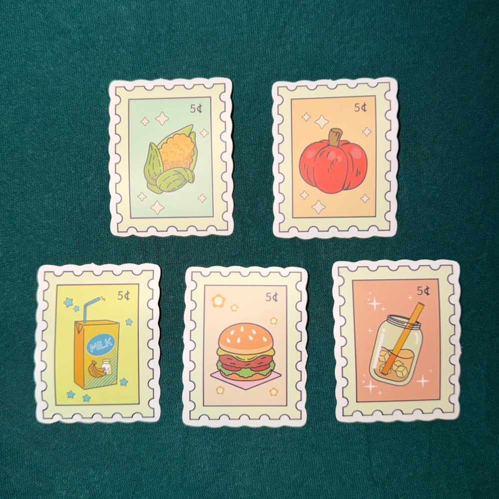 Cute Food Stamp Style Sticker Set Corn Pumpkin Burger Drink Milk